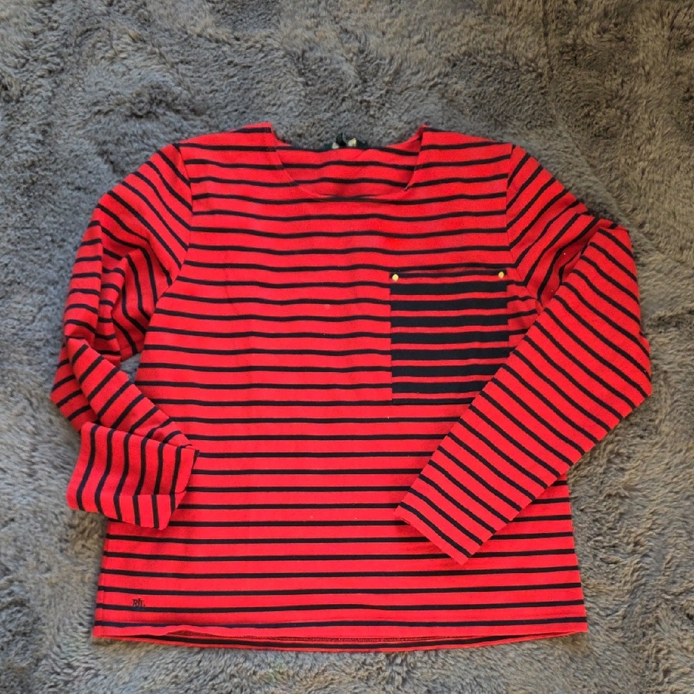 LAUREN Ralph Lauren Red and Navy Striped Long Sleeve Top XL